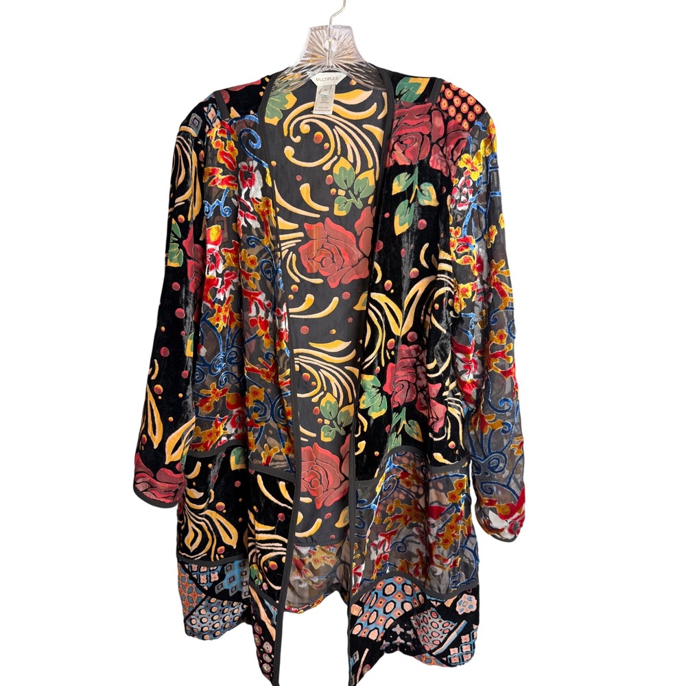 Multiples Burnout Velvet Cardigan Womens XL Multicolor Floral Boho Open Front
